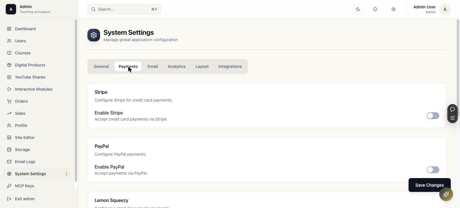 Payments settings tab with provider toggles