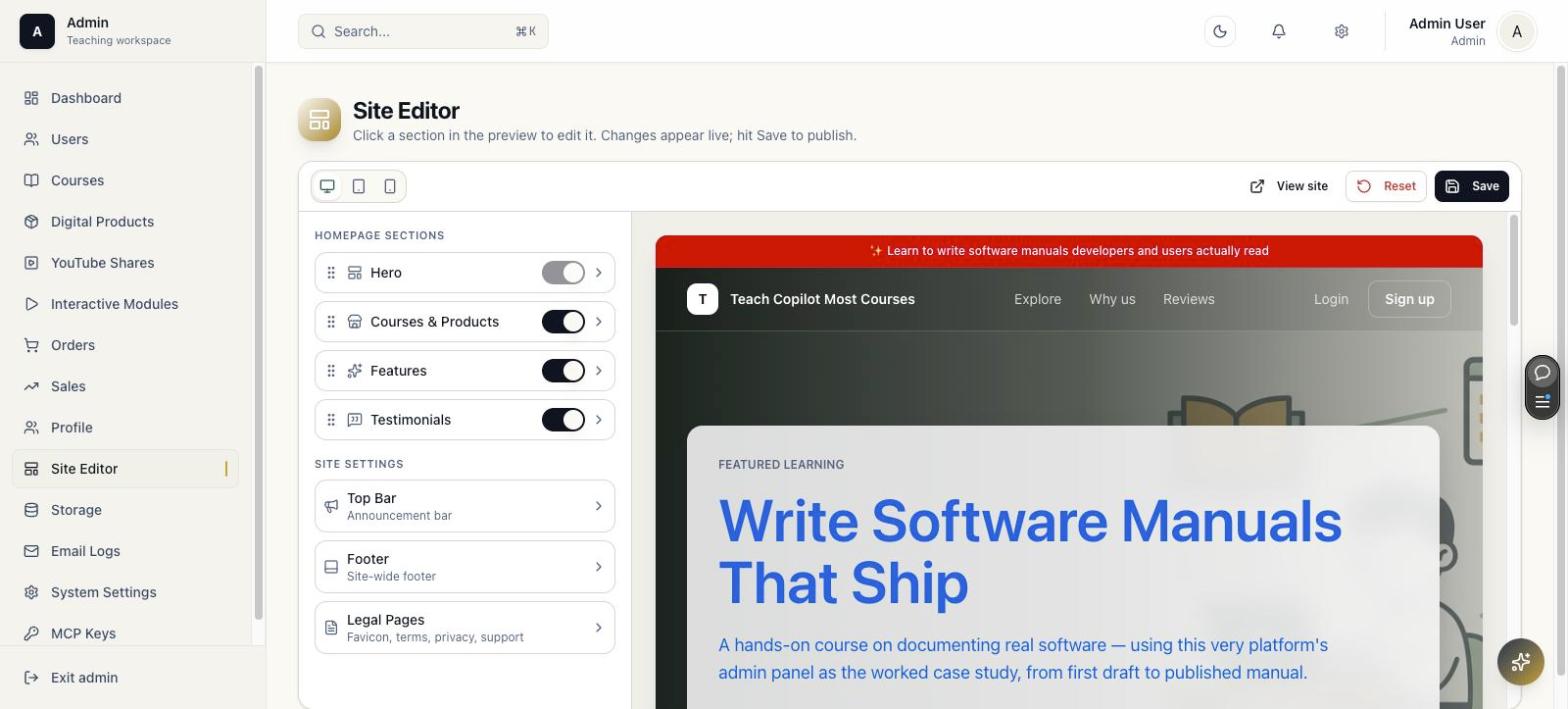 Site editor with live homepage preview