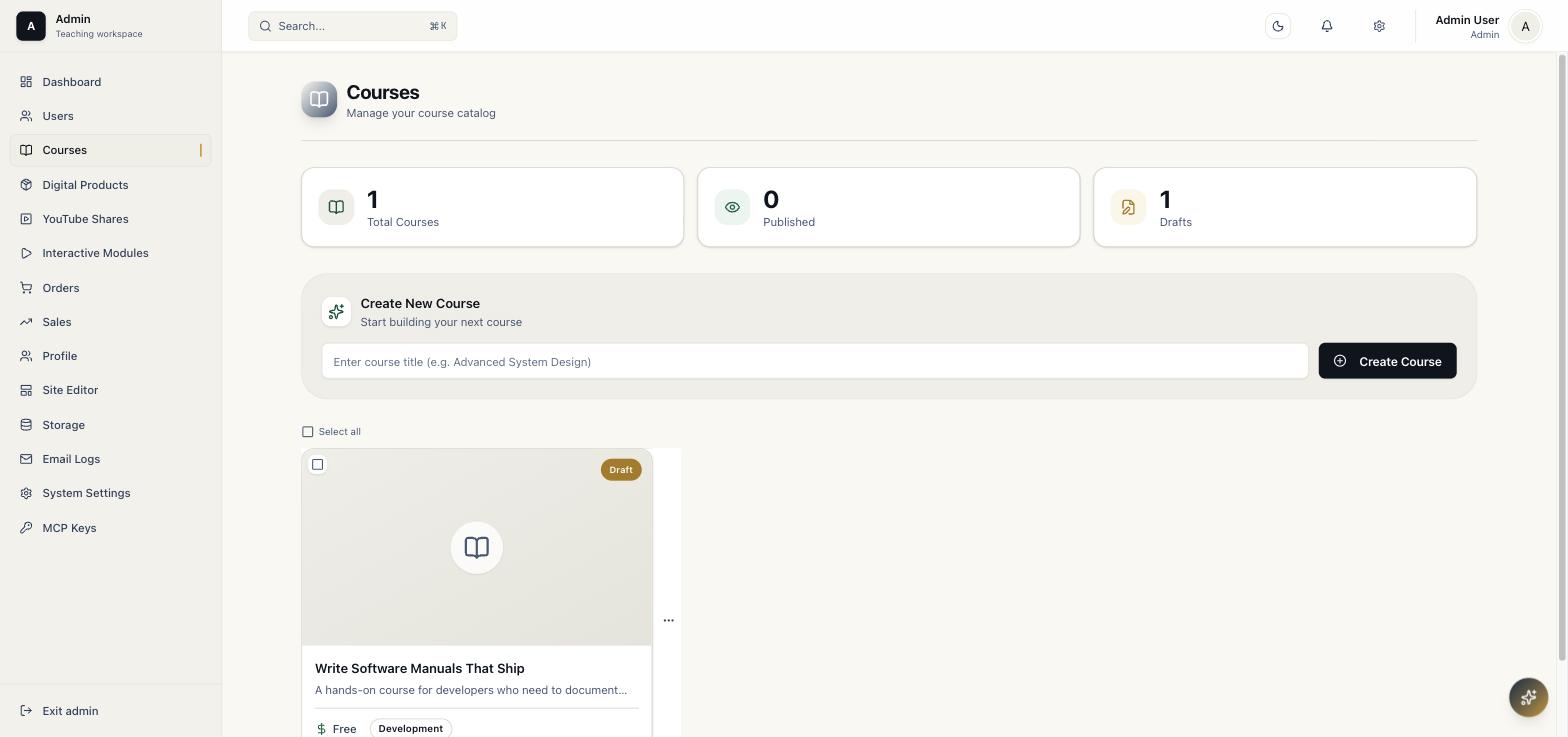 Courses list with stat cards and a published course card