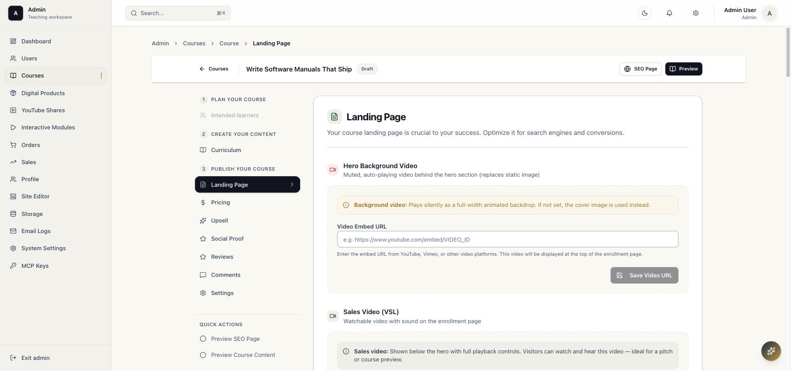 Course landing page editor showing hero video and course details fields
