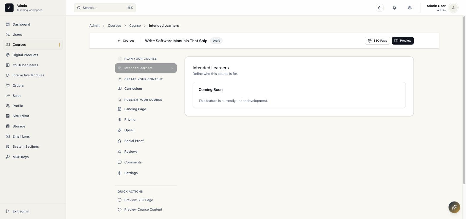 Intended Learners tab showing a Coming Soon placeholder notice
