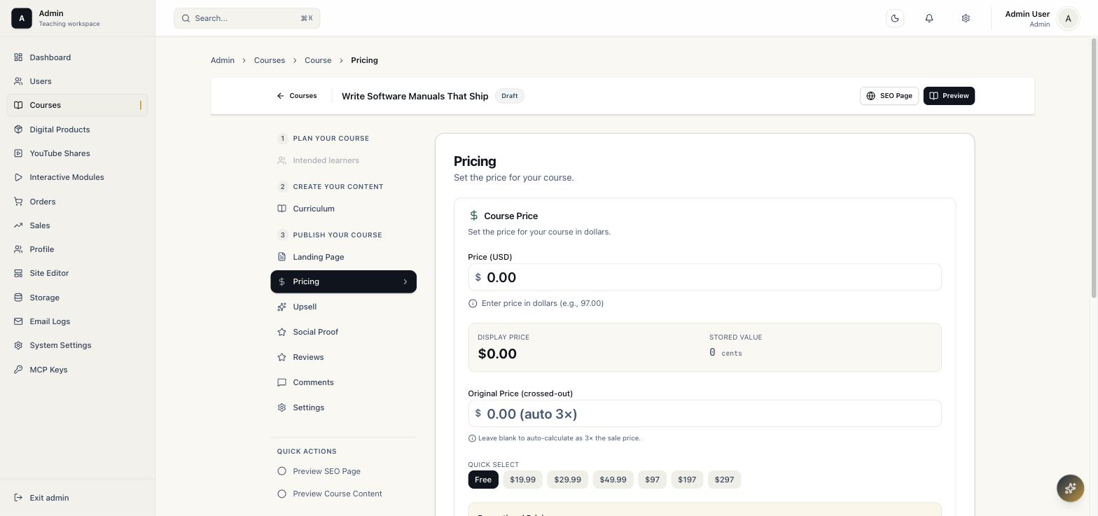 Course pricing panel with price field and quick select buttons