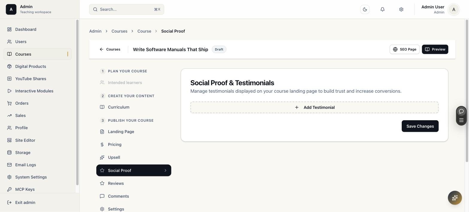 Social proof panel for adding course testimonials