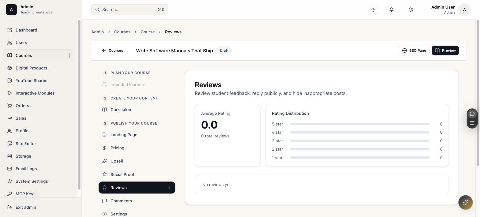 Reviews panel showing average rating and star distribution