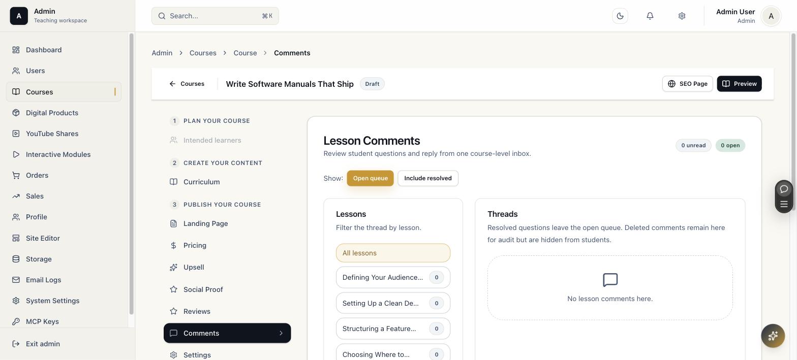 Lesson comments inbox with a lesson filter sidebar