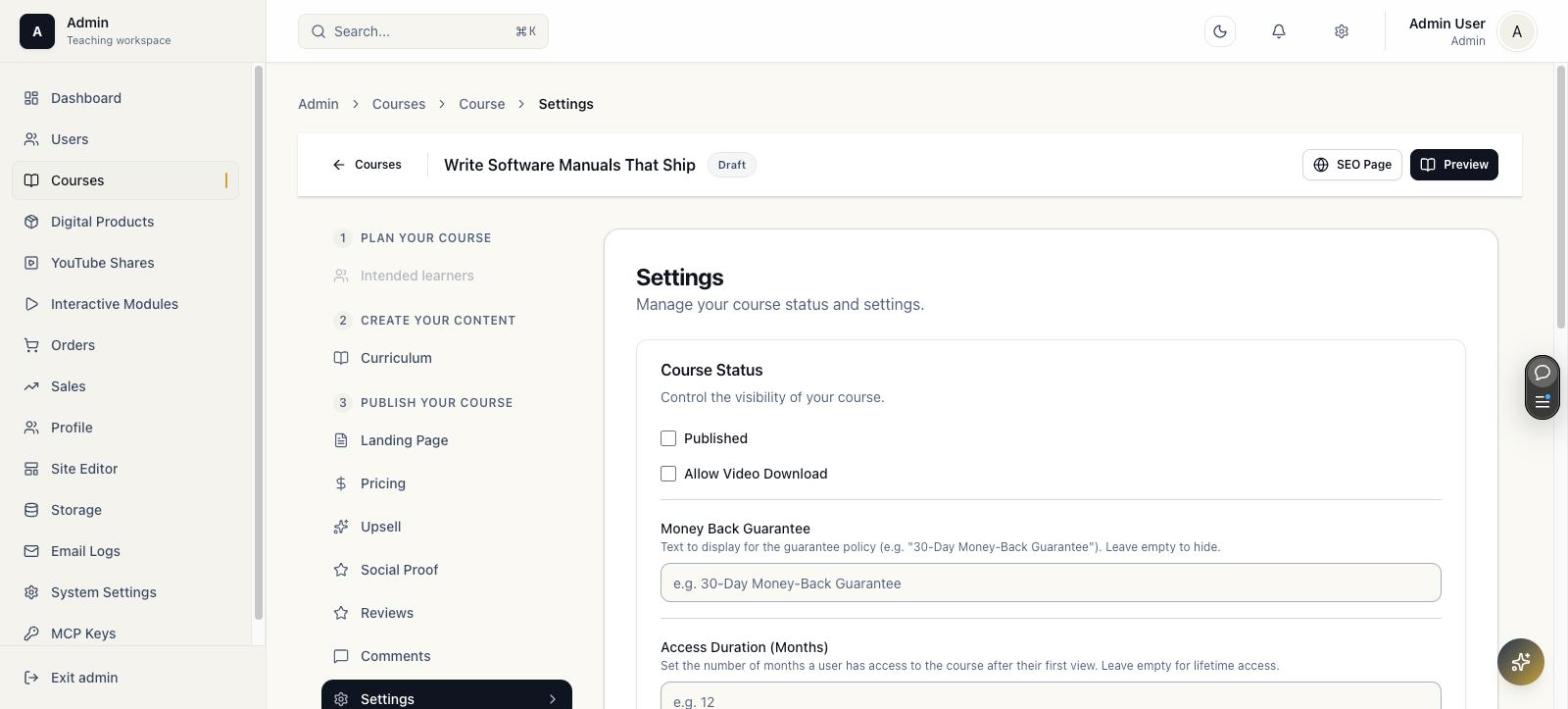 Course settings panel with published toggle and access duration