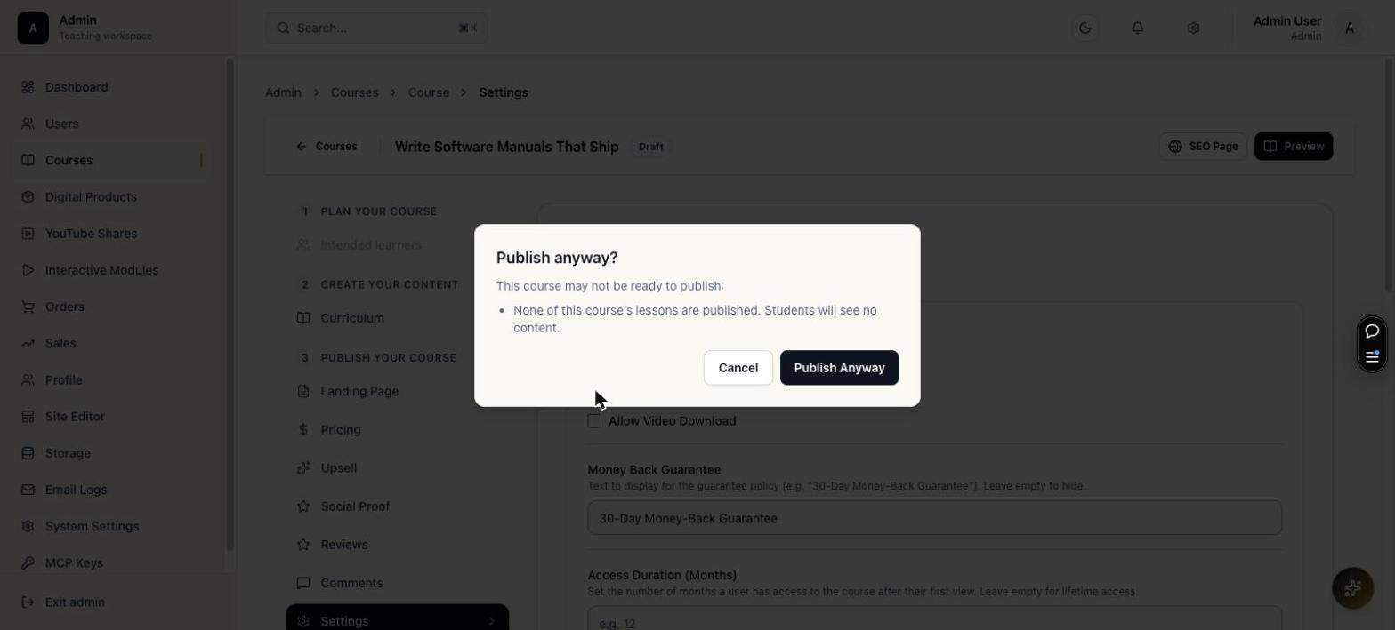Publish confirmation dialog warning that no lessons are published yet