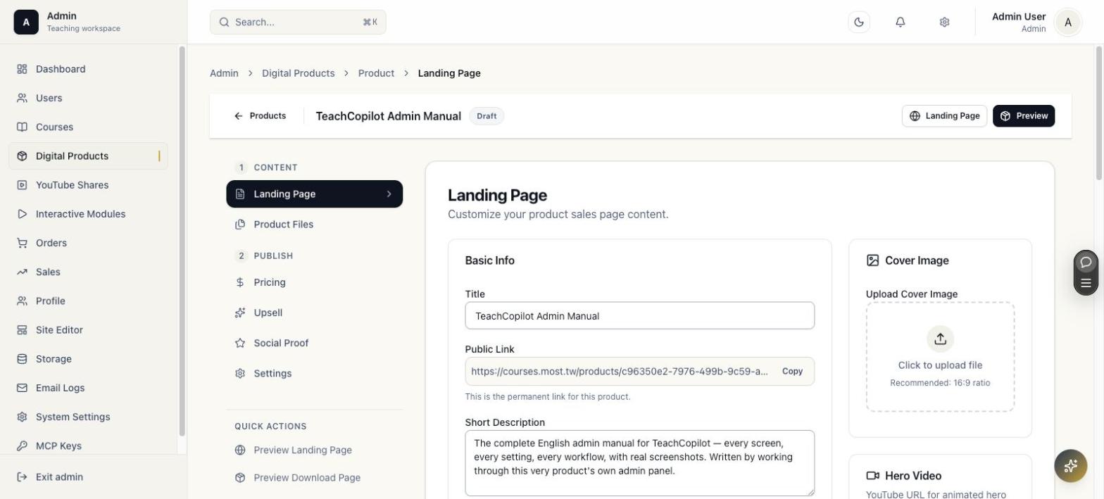 Product landing page editor with title and short description fields