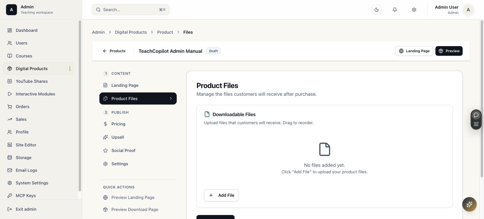 Product files panel with an empty downloadable files list