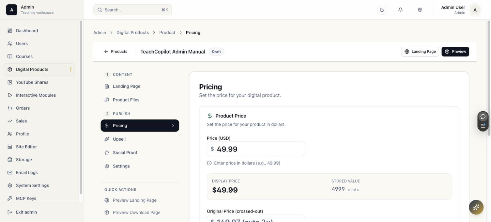 Product pricing panel showing price and quick select buttons