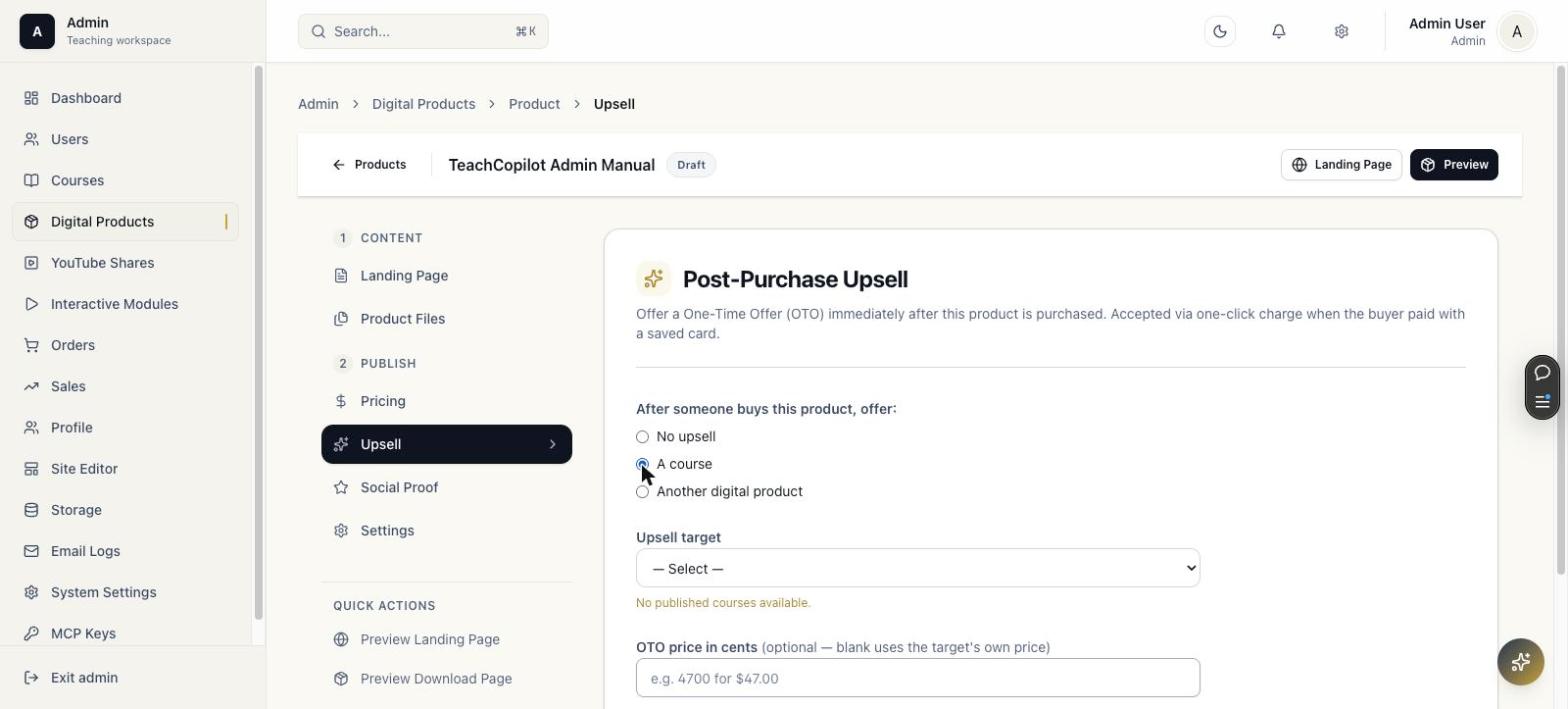 Product upsell panel with a course selected as the offer target