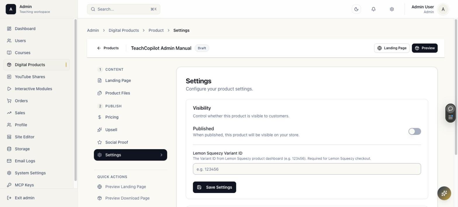 Product settings panel with visibility toggle and Lemon Squeezy variant ID