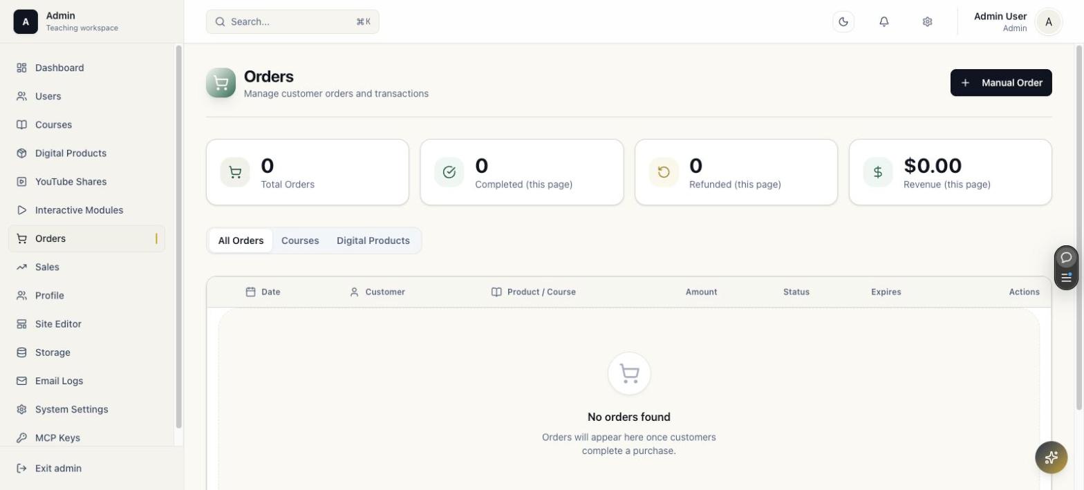 Orders list with stat cards and an empty orders table
