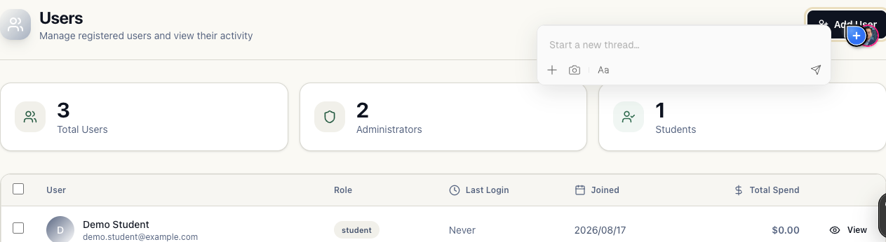 Users list showing stat cards and a demo student account