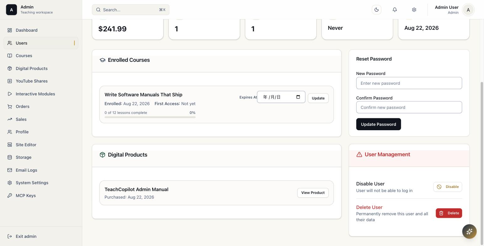 User detail page for the PayPal sandbox buyer account showing Total Spend of $241.99, 1 enrolled course, and 1 owned digital product