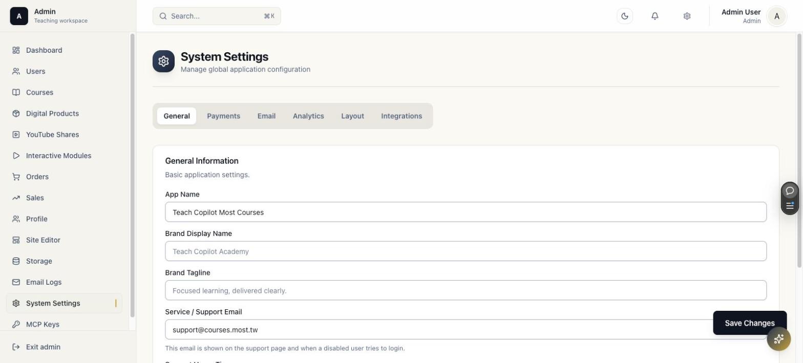 System settings General tab with app name and brand fields