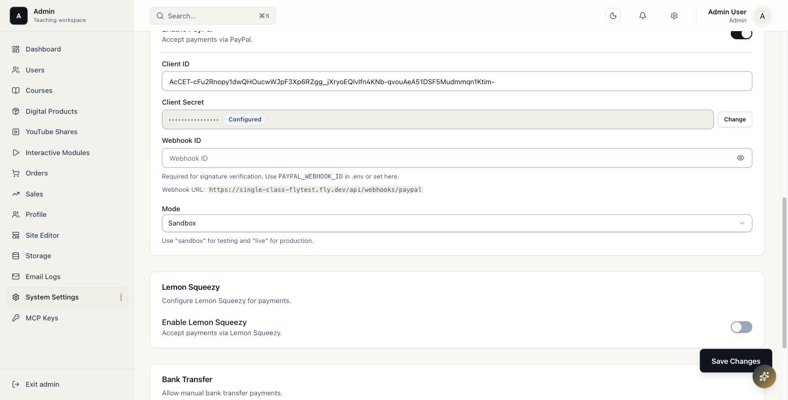 PayPal section of the Payments tab with Client ID filled in, Client Secret marked Configured, Webhook ID left blank, and Mode set to Sandbox