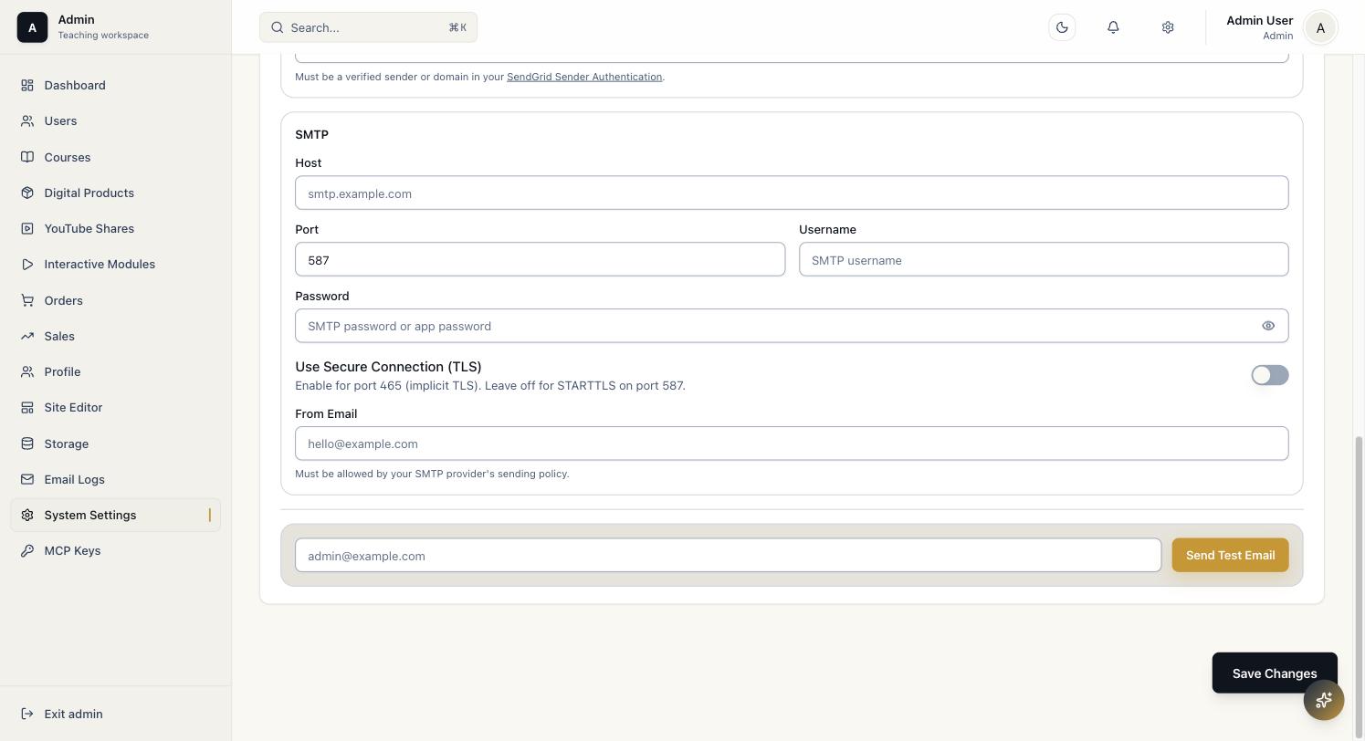 SMTP provider fields and the Send Test Email box at the bottom of the Email tab