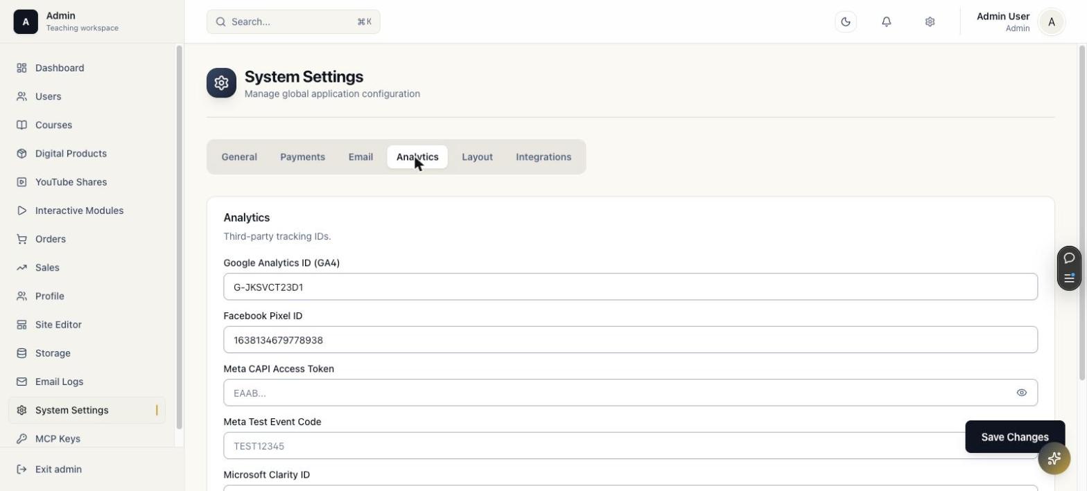 Analytics tab with Google Analytics and Facebook Pixel fields