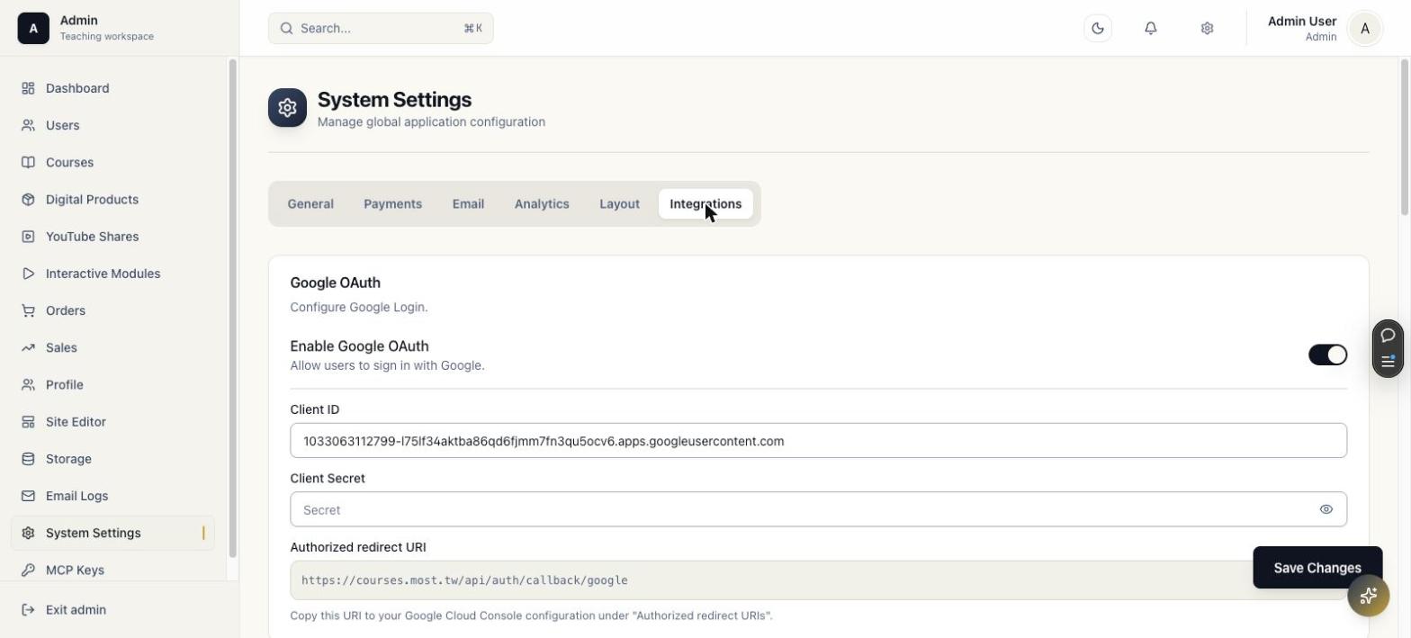 Integrations tab with Google OAuth client ID and secret fields