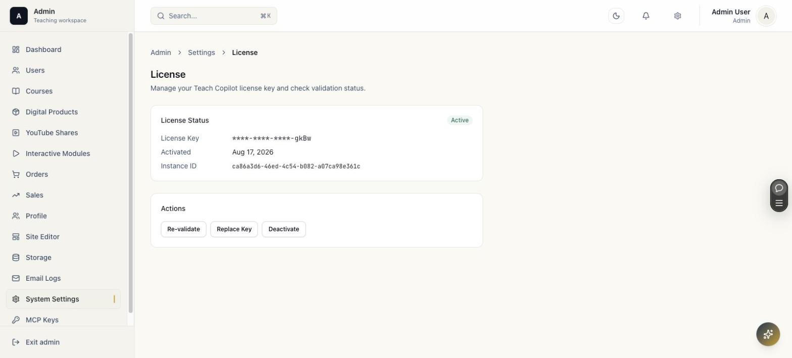 License settings page showing active status, masked key, and instance ID