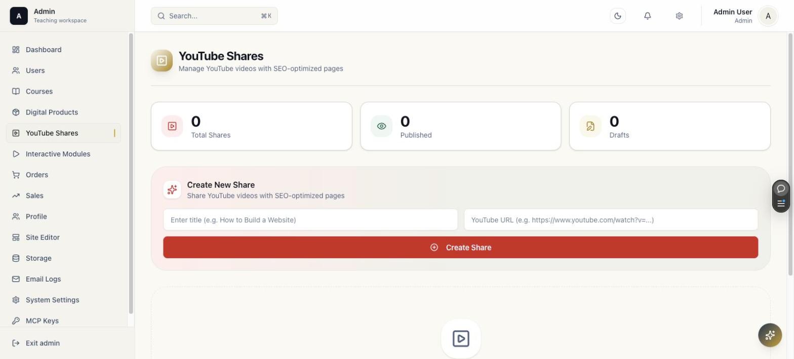 YouTube shares list with a create new share form