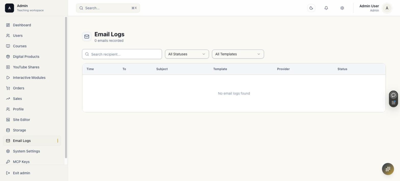 Email logs page with status and template filters