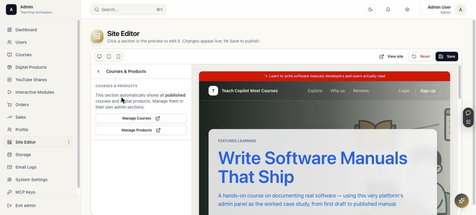 Site editor Courses and Products panel with manage shortcuts