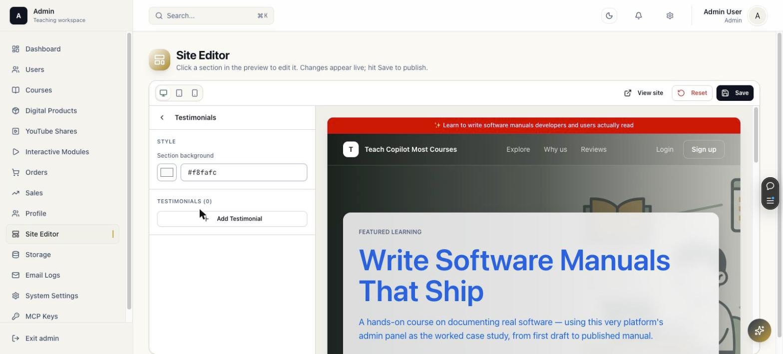 Site editor Testimonials panel with an add testimonial button