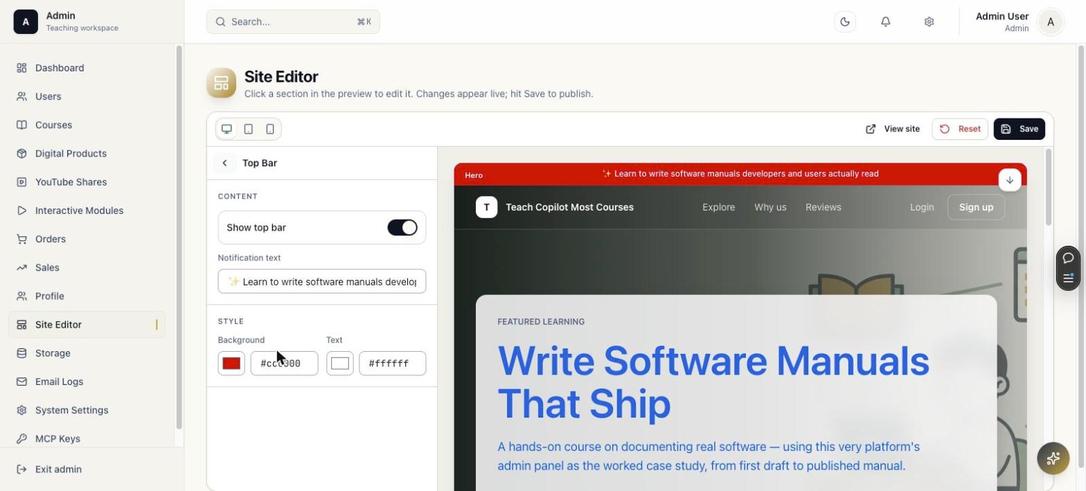 Site editor Top Bar panel with notification text and color pickers
