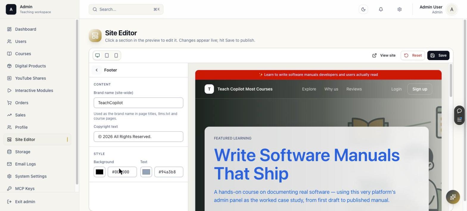 Site editor Footer panel with brand name and copyright text