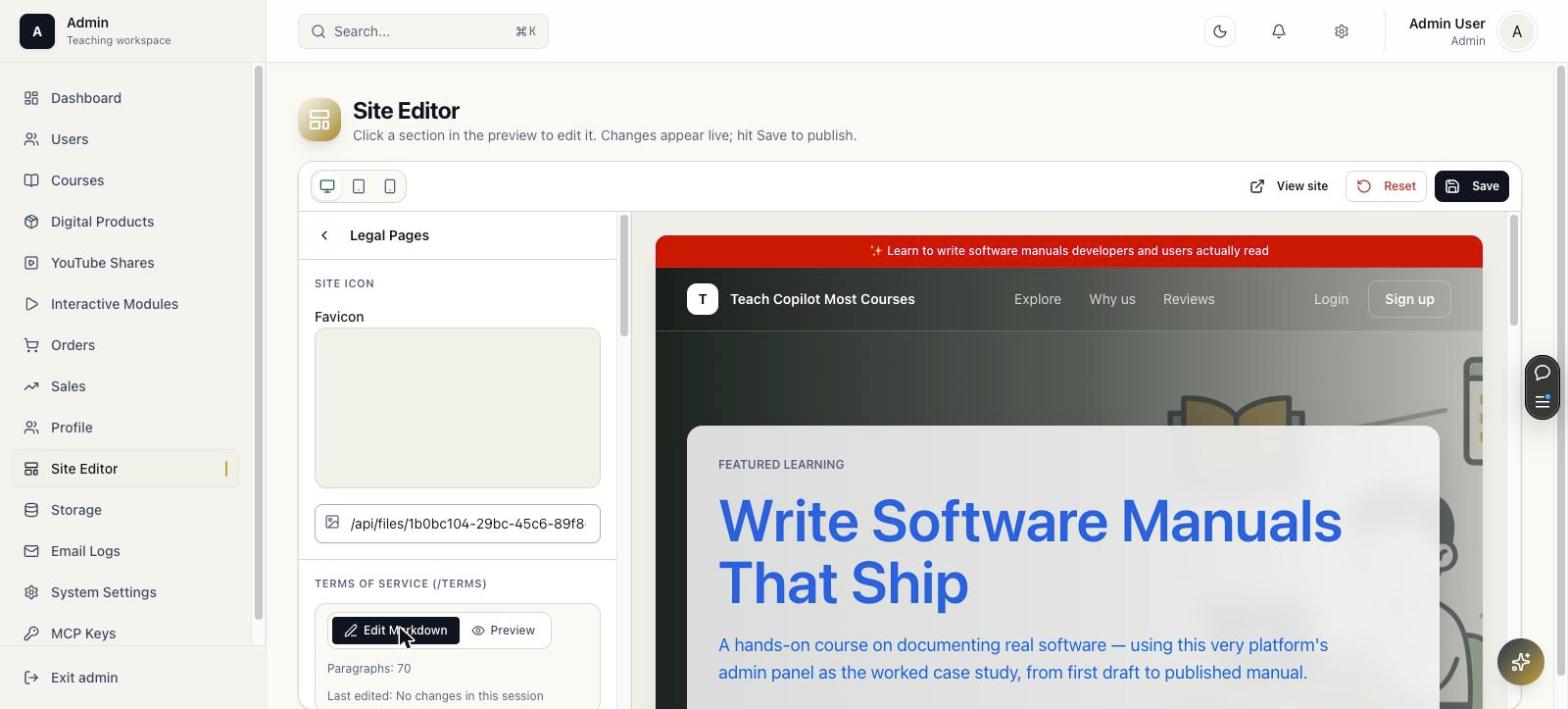 Site editor Legal Pages panel with favicon upload and terms of service editor