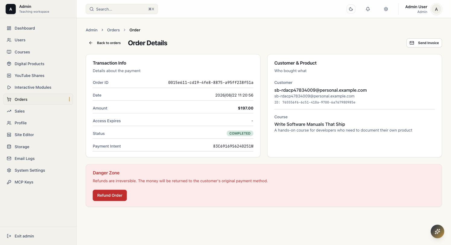 Order detail page for a Completed PayPal course order with the Danger Zone card and Refund Order button