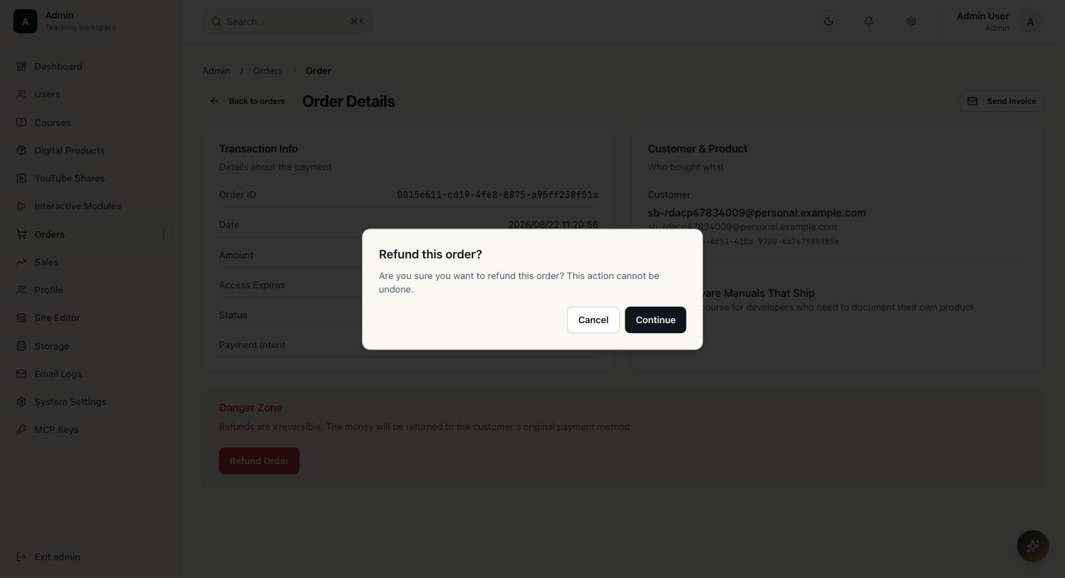 Confirmation dialog asking are you sure you want to refund this order, this action cannot be undone