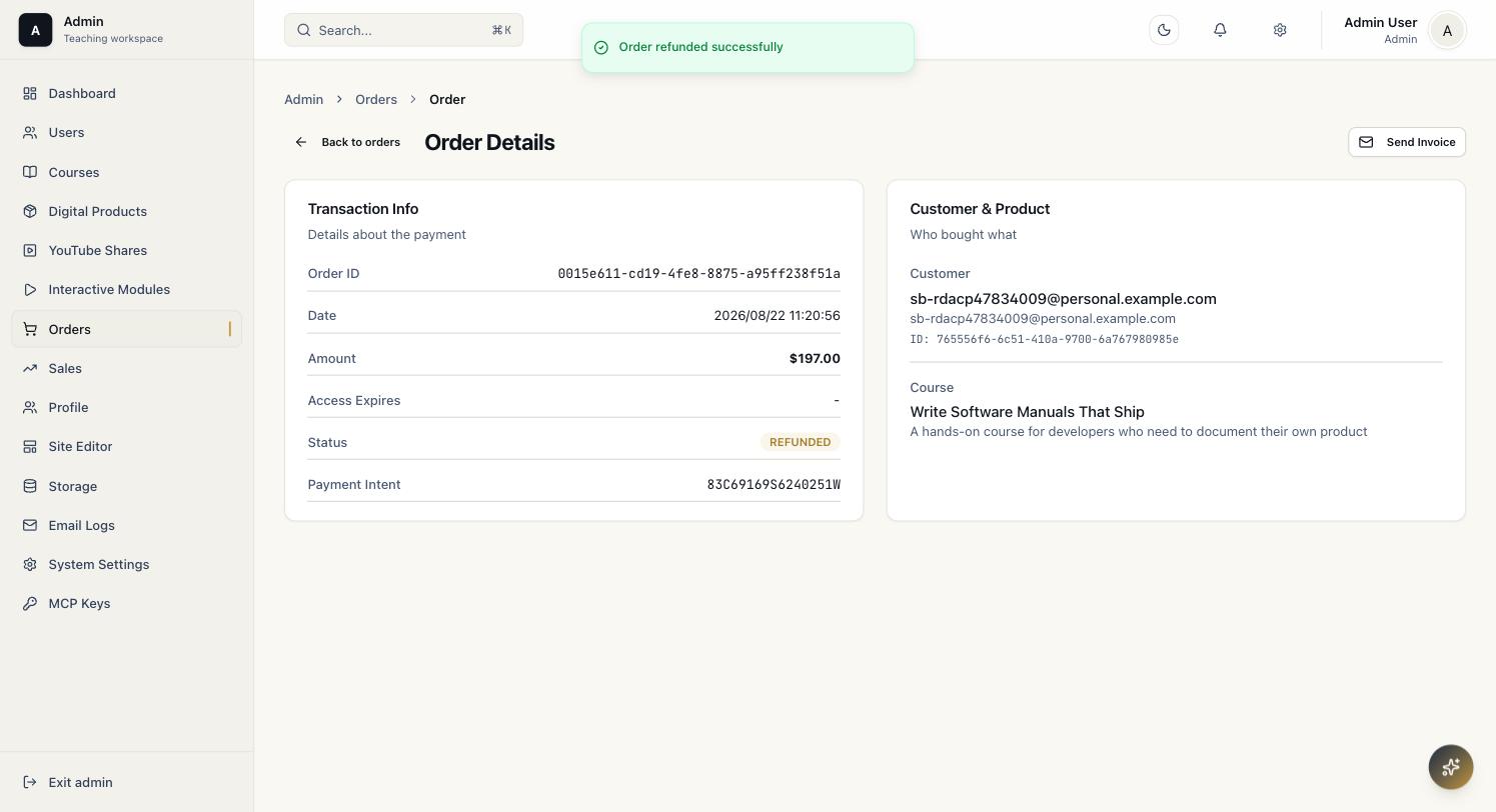 Order refunded successfully toast with Status now showing Refunded for a PayPal course order