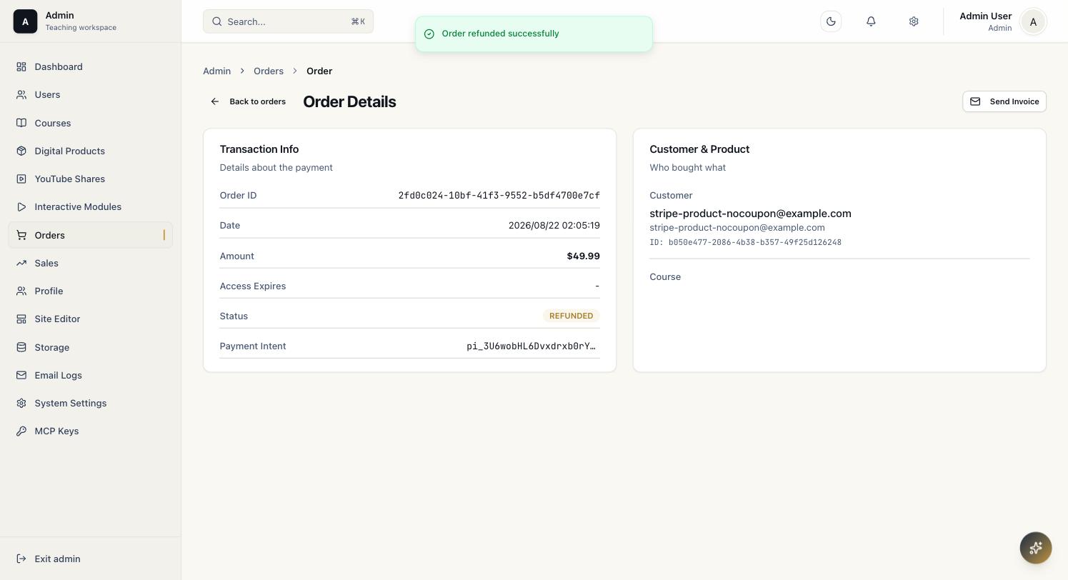 Order refunded successfully toast with Status now showing Refunded for a Stripe digital product order