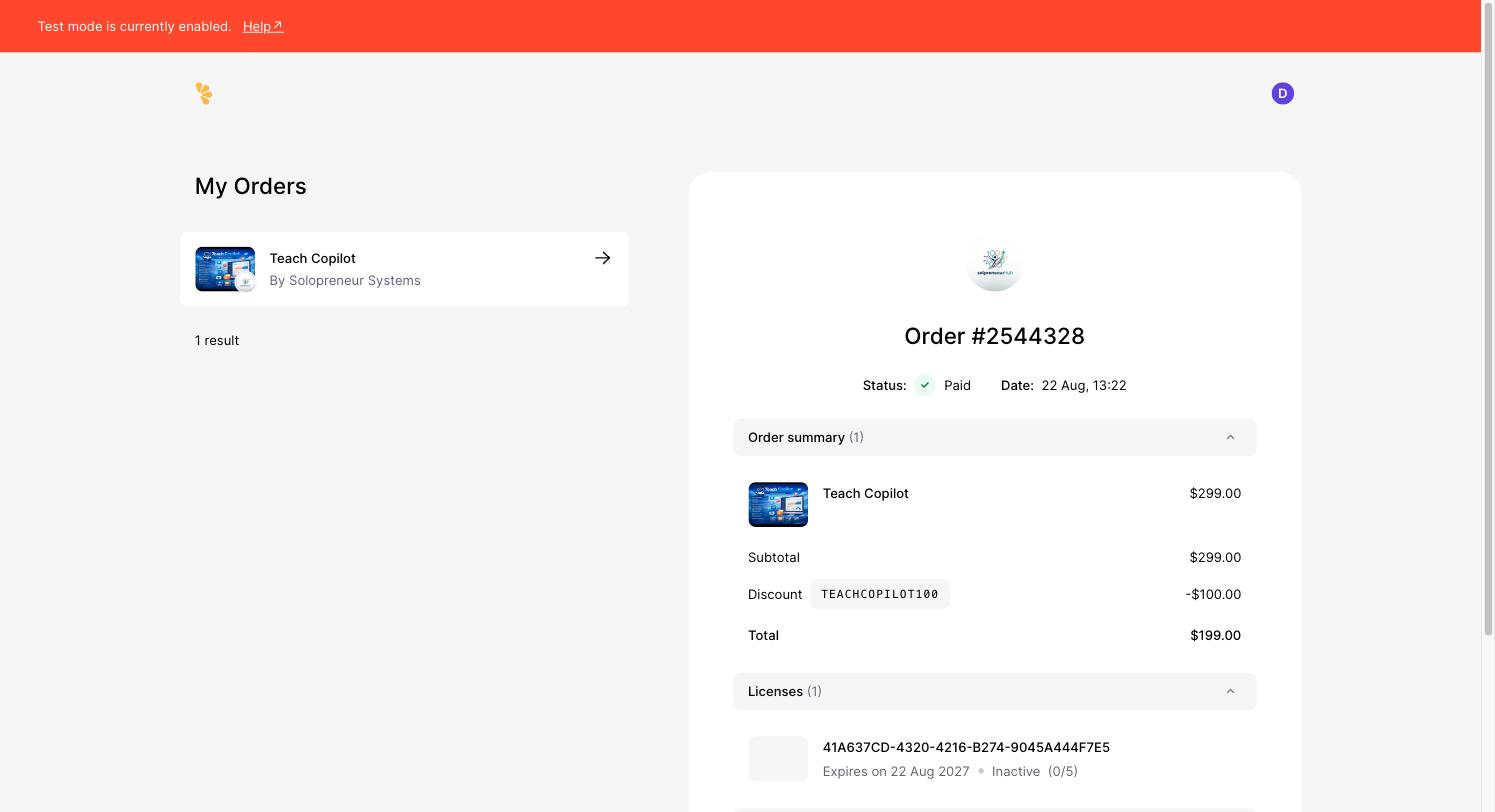 Lemon Squeezy order confirmation page showing a paid order and the issued license key (test-mode example)