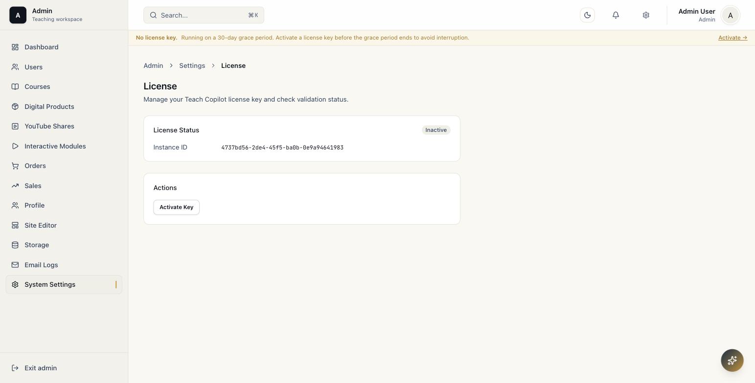 License settings page showing Inactive status and the Activate Key button before a Lemon Squeezy key is entered