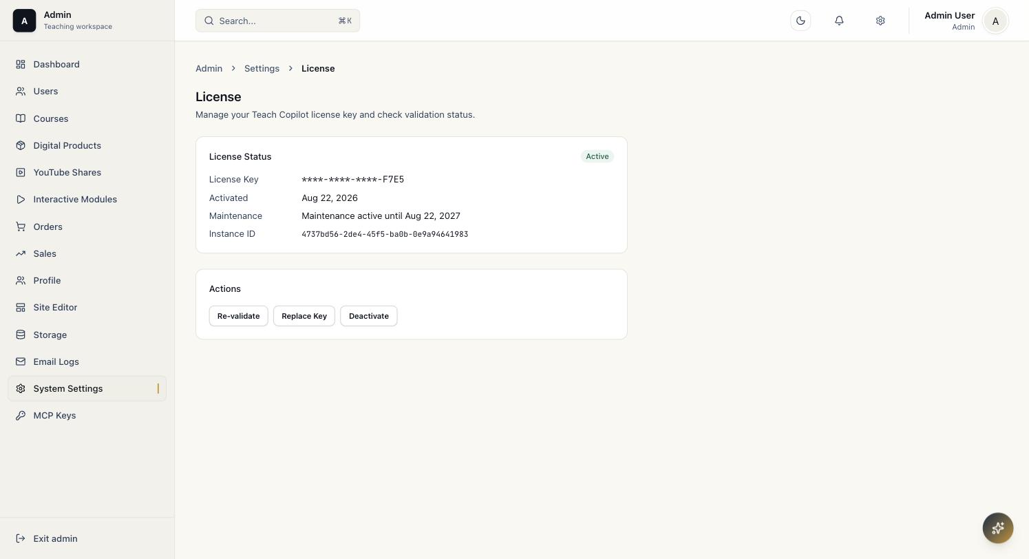 License settings page showing Active status, masked license key, activation date, and maintenance date after successful Lemon Squeezy activation