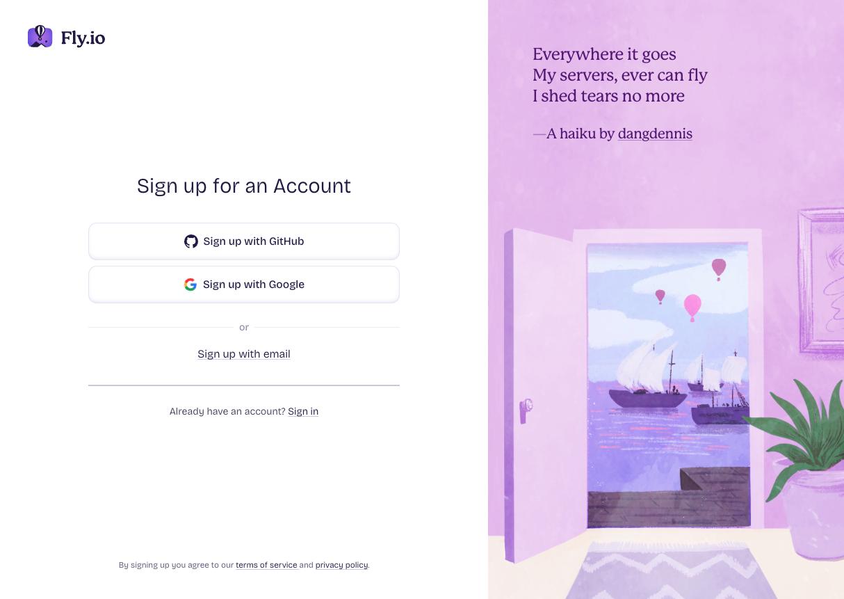 Fly.io sign-up page with GitHub, Google, and email options