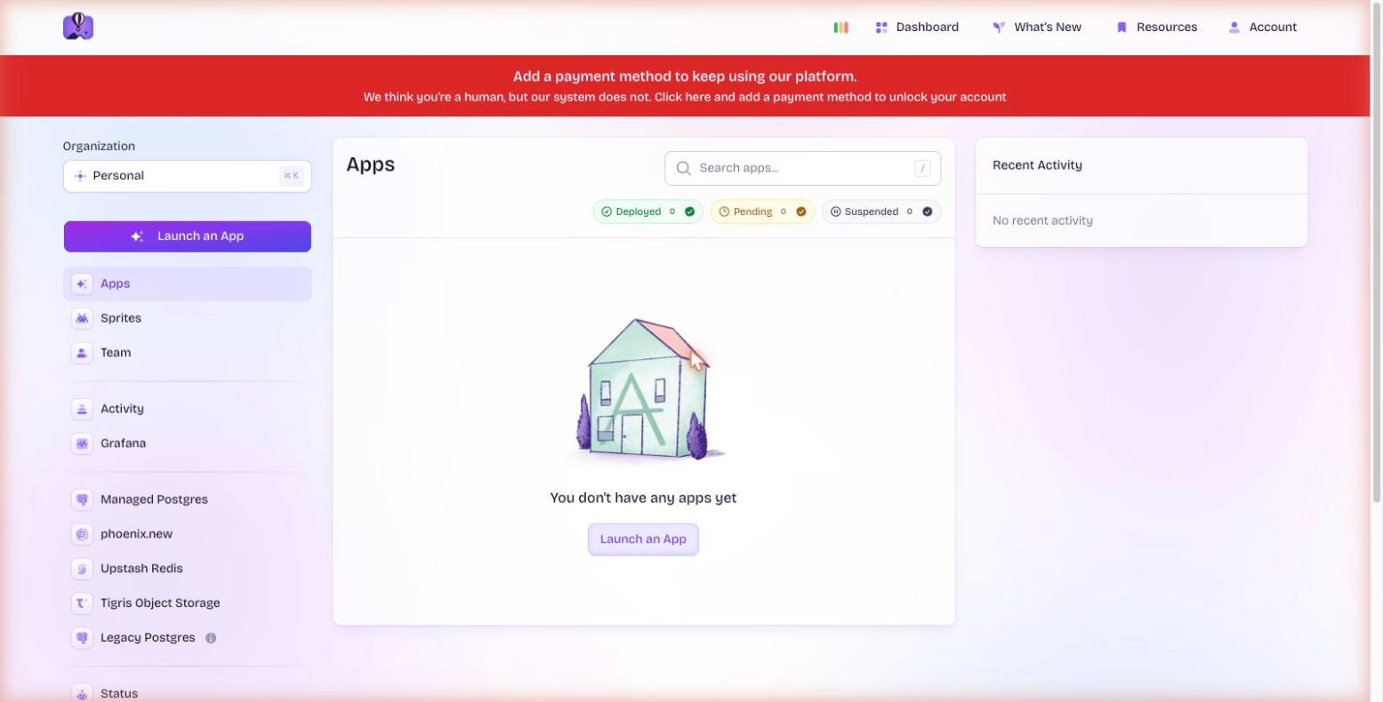Fly.io dashboard showing the payment method required banner