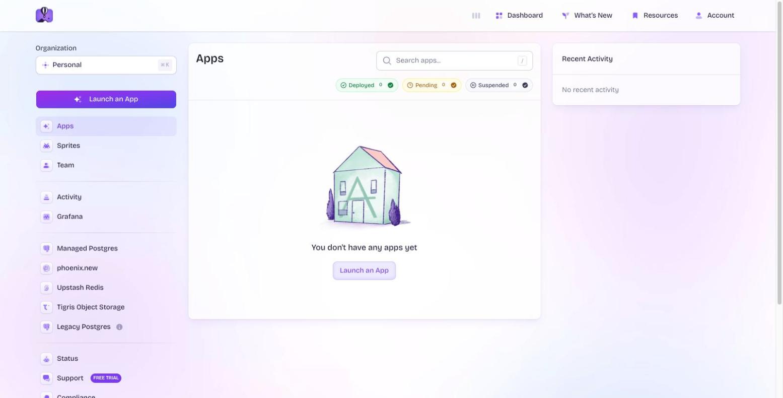 Fly.io dashboard after payment method is verified and account is unlocked