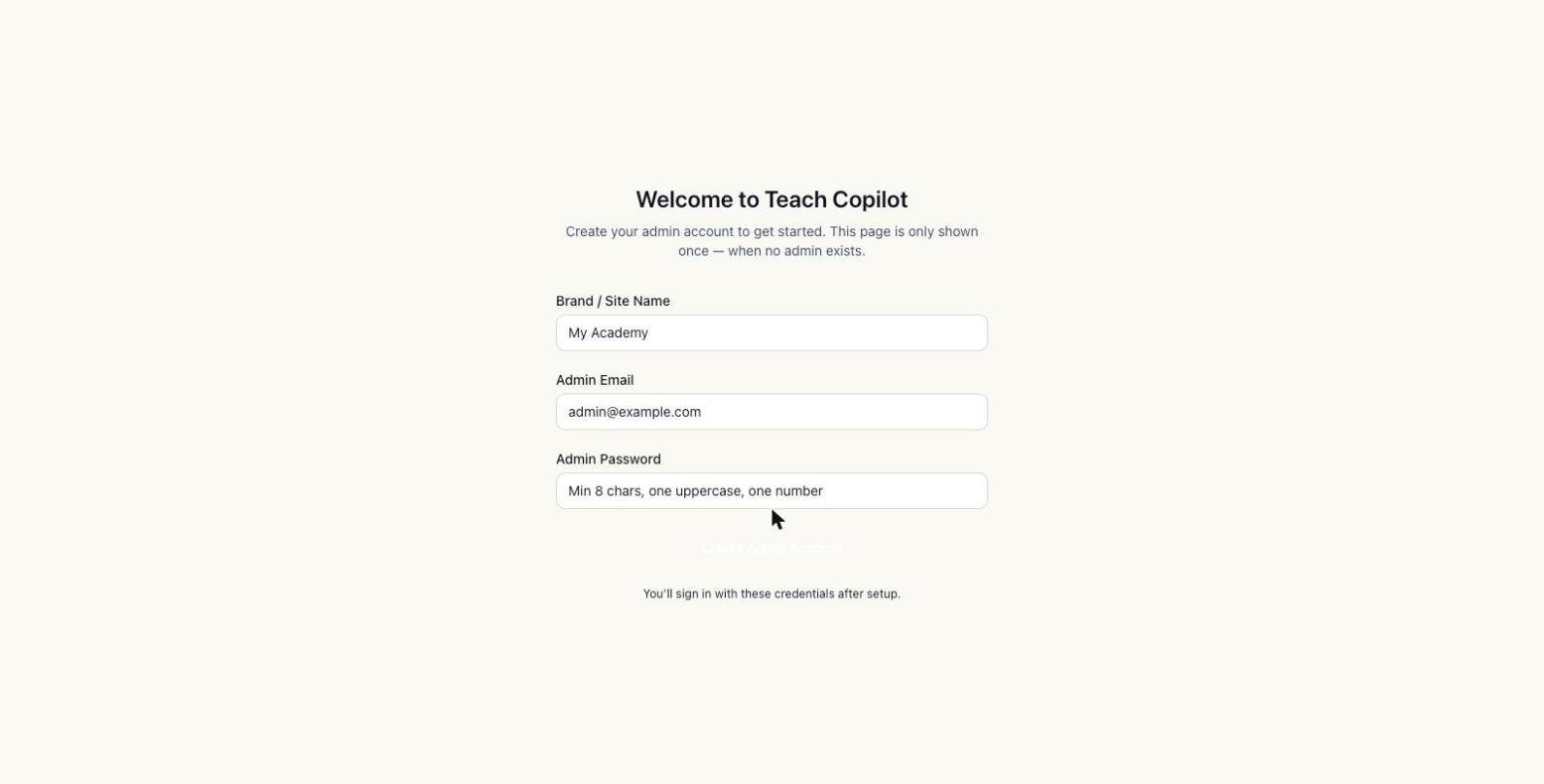 Create admin account form with brand name, email, and password fields