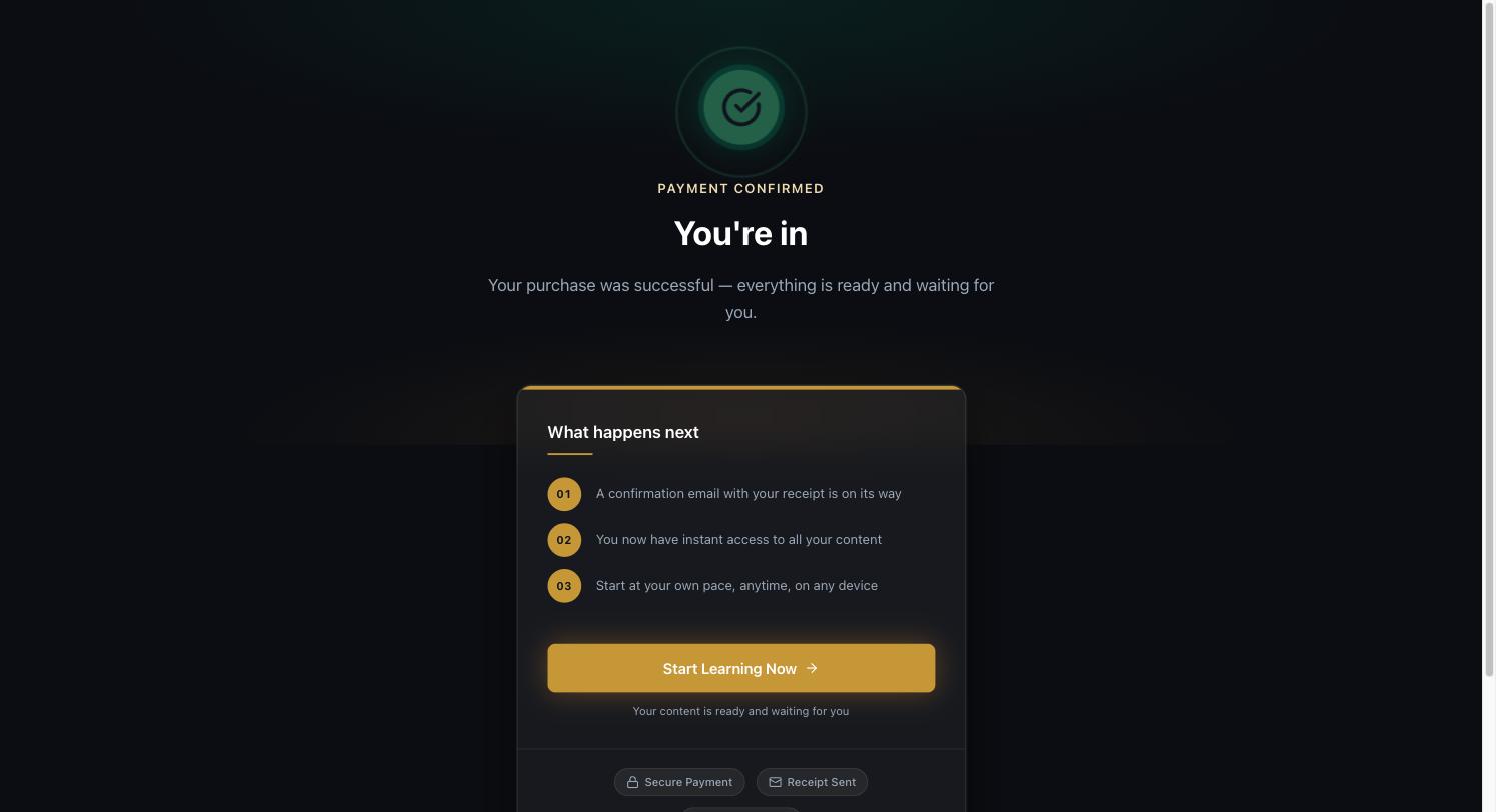 Payment Confirmed - You're in page shown immediately after a successful purchase, with a Start Learning Now button