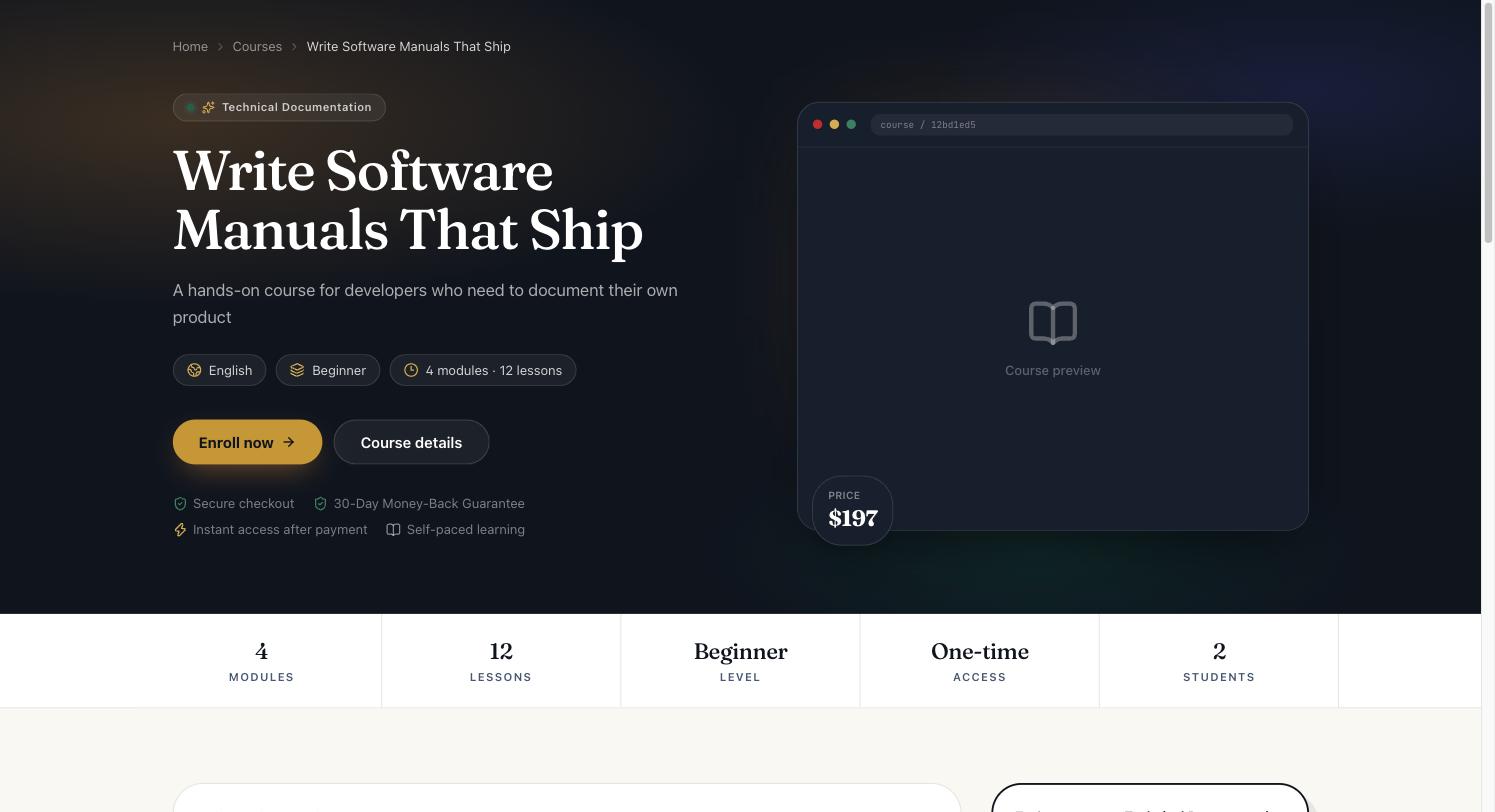 Public course sales page showing title, price, module and lesson counts, and an Enroll now button