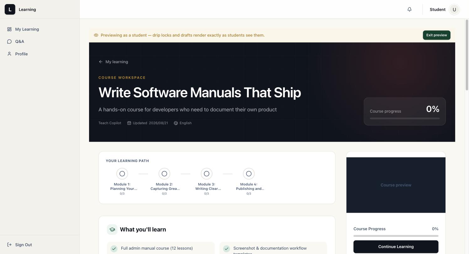 Course workspace page for a freshly purchased course, showing 0% progress and four modules in the learning path