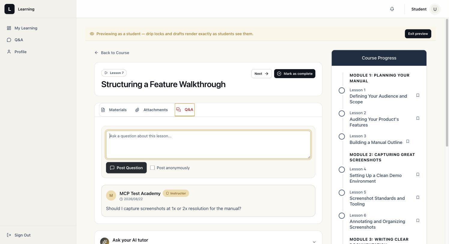 Lesson Q&A tab with a posted question and an Ask your AI tutor panel below