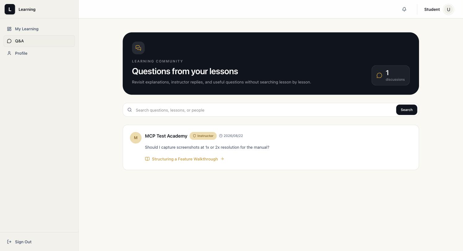 Questions from your lessons feed listing a discussion with a link back to its originating lesson