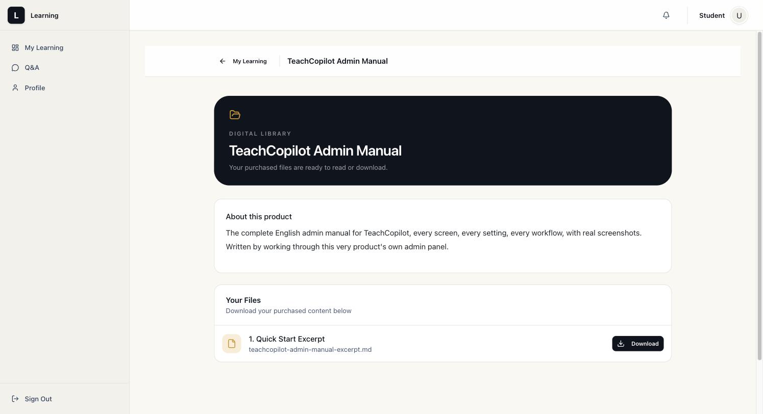 Digital product library page listing a purchased file with a Download button