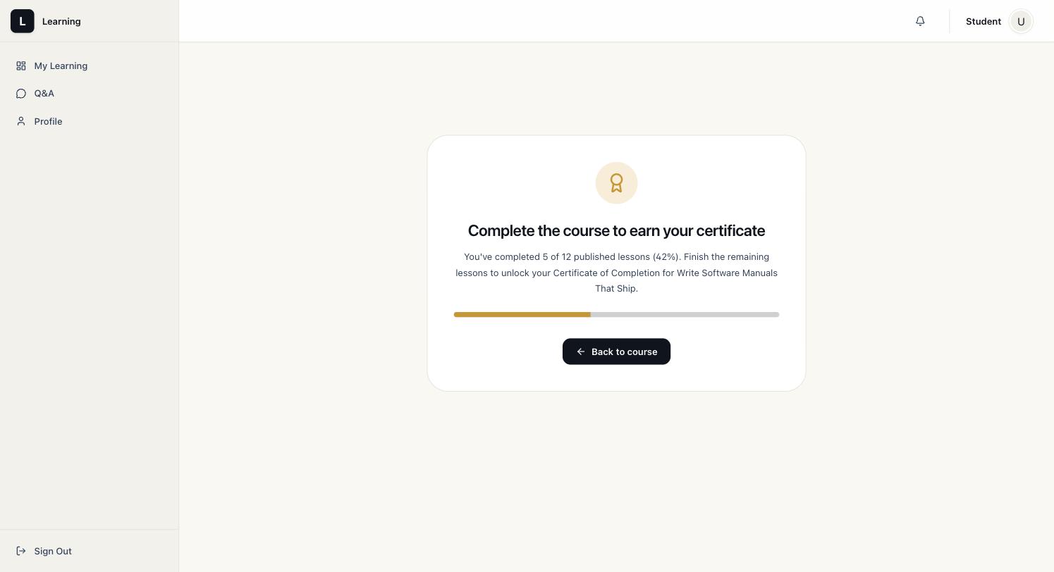 Certificate page showing Complete the course to earn your certificate with a 42% progress bar